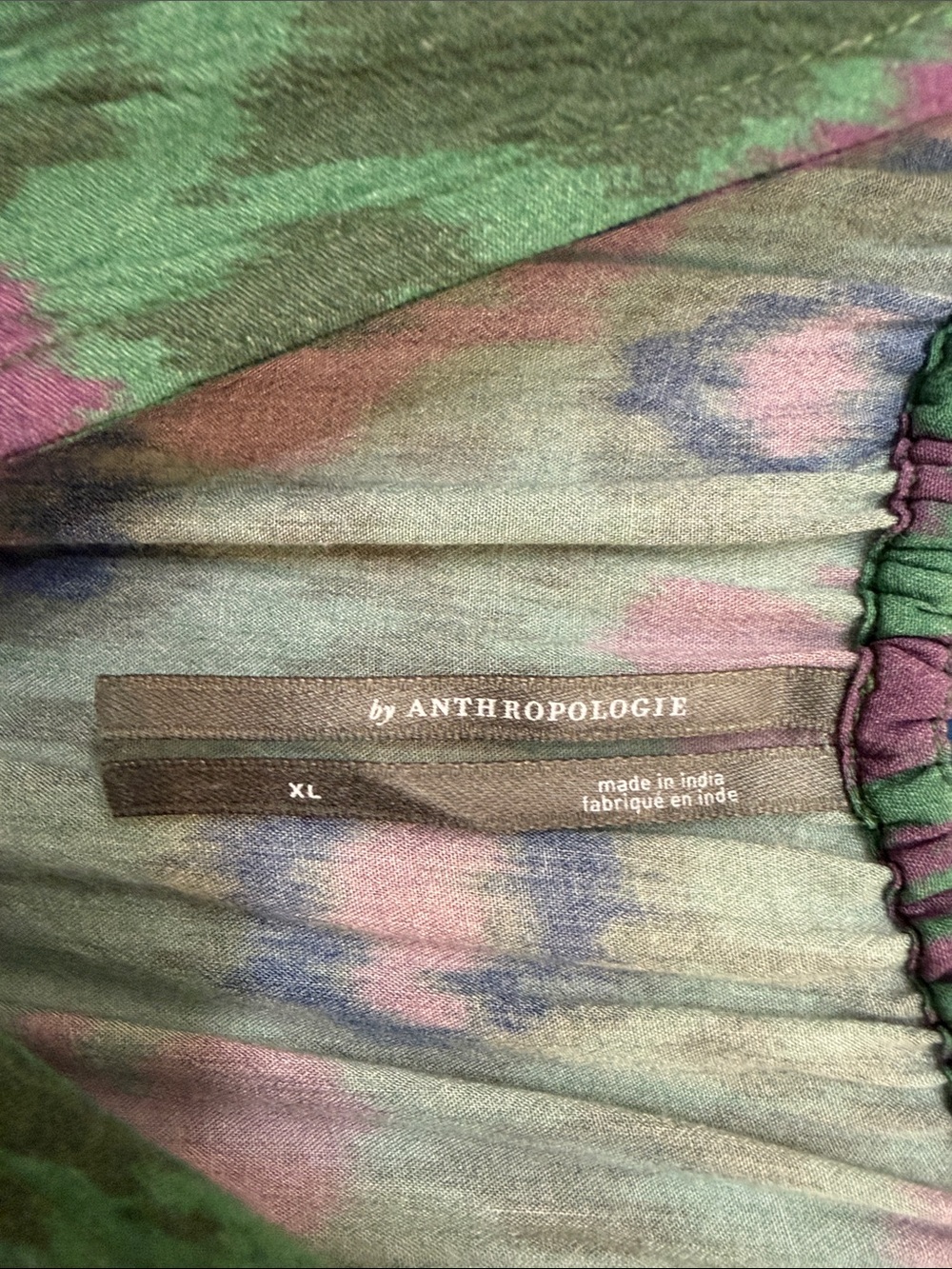 Anthropologie Green Patterned V-Neck Maxi Dress with Blue Trim - Picture 2 of 10